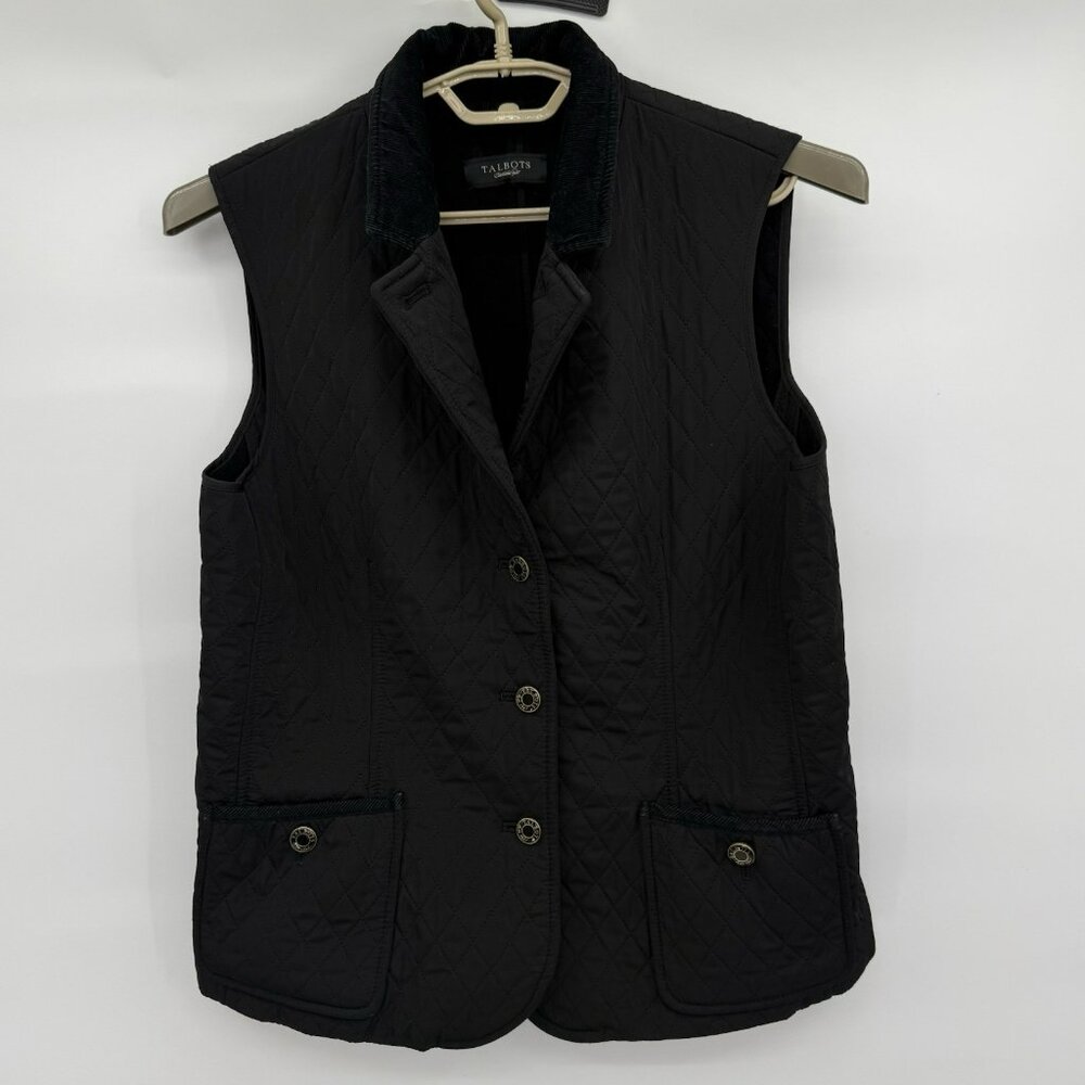 Talbots Women Black Vest Quilted Sz S Corduroy Collar Fleece Lining Button Up